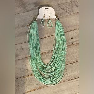 Multi strand, multi green glass seed bead necklace and earrings set